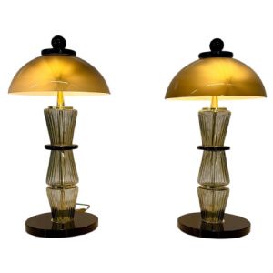 Pair of Murano Glass Table Lamps in Smoked Grey and Black Glass and Brass